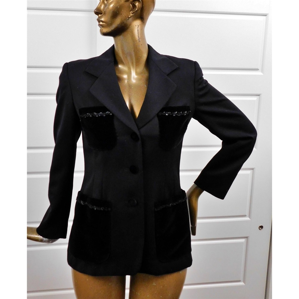 Escada Margaretha Ley Black Wool Velvet Sequin Blazer Jacket Germany sz 36